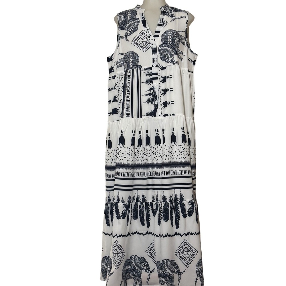 Elephant Feather Print Tiered Maxi Dress Womens White Navy Boho‎ NWOT Chic!!
